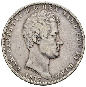 obverse: REGNO DI SARDEGNA. Carlo Alberto (1831-1849).  5 lire 1837 Torino. Gig. 66. RR. BB