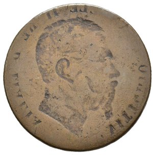 obverse: Regno d Italia. Vittorio Emanuele II (1861-1878). 10 centesimi con ribattiture, artefatto. Cu (8,58) peso calante per trattarsi di un tondello da 10 centesimi. MB