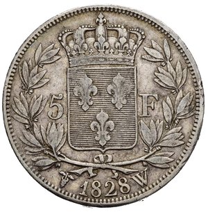 reverse: FRANCIA. Charles X (1824-1830). 5 Francs 1828 W (Lille). Gad. 644. BB