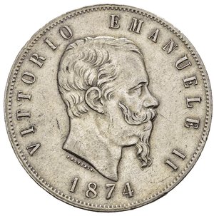 obverse: Regno d Italia. Vittorio Emanuele II (1861-1878). 5 lire 1874 M. Milano. Ag. Gig. 48. BB+