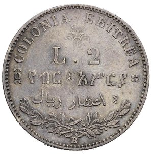 reverse: Regno d Italia. Umberto I (1878-1900). Colonia Eritrea. 2 Lire 1890. Ag. Roma. Gig. 3. NC. Lieve colpetto al bordo. qSPL