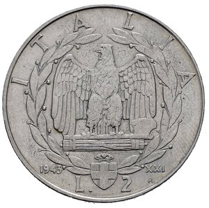 reverse: Regno d Italia. Vittorio Emanuele III (1900-1943). 2 lire 1943 serie Impero. Gigante 124. rara. qSPL