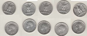 obverse: Regno d Italia. Vittorio Emanuele III (1900-1943). Lotto 5 monete in argento: serie completa 5 Lire aquilini 1926-1930. Gigante 73/77 BB/BB+