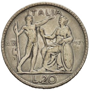 reverse: Regno d Italia. Vittorio Emanuele III (1900-1943). Roma. 20 lire Littore 1927 anno VI. Ag. Gig. 36. MB