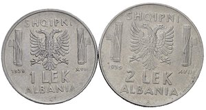 reverse: Regno d Italia. Vittorio Emanuele III (1900-1943). Albania. Lotto di 2 monete: 1 lek 1939 magnetica; 2 lek 1939 antimagnetica. Ni. SPL