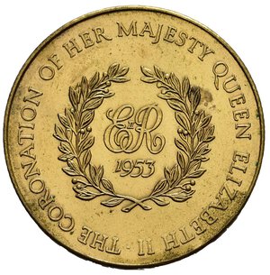 reverse: Medaglie estere - Regno Unito. Elisabetta II.  Medaglia incoronazione del 1953. AE dorato 11,60 g. BB