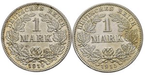 reverse: GERMANIA. Lotto di 2 monete da 1 Mark 1914 G e 1915 G. Ag. FDC