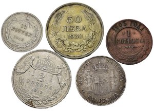 reverse: Monete mondiali. Lotto di 5 monete (Spagna, Russia, Ungheria, Bulgaria). MB-SPL