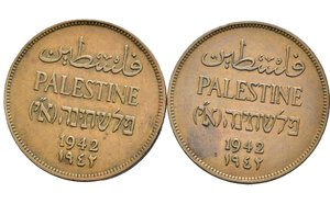 obverse: PALESTINA. Mandato Britannico. Lotto di 2 monete da 2 Mils 1942. Cu. BB