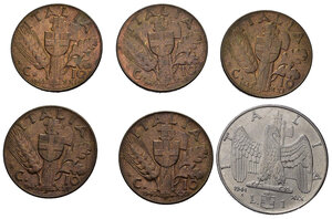 reverse: Regno d Italia. Lotto di 6 monete di cui 1 lira 1941 e 5 pezzi da 10 centesimi 1943 in alta conservazione.