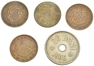 reverse: ROMANIA. Lotto di 5 monete: 20 Bani 1906; 2 Bani 1880; 2 Bani 1900 (3). BB