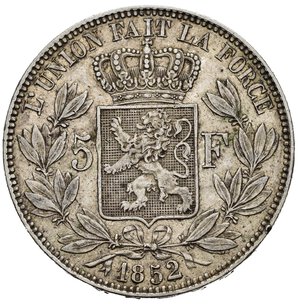 reverse: BELGIO. Leopoldo I (1831-1865). 5 Francs 1852. Ag. KM#17. BB+