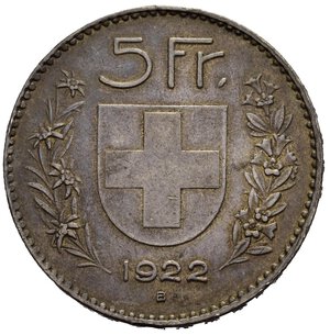reverse: SVIZZERA. 5 Francs 1922 B. Ag. KM#37. BB+
