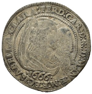 obverse: MANTOVA. Isabella Clara d Austria, reggenza per il figlio Ferdinando Carlo Gonzaga (1665-1669). 60 Soldi 1666. Ag (13,23 g). Bignotti 13; CNI 22; MIR 723. Rara. BB