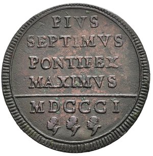 reverse: ROMA. Stato Pontificio. Pio VII (1800-1823). Baiocco 1801. Cu. BB