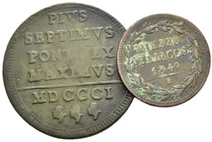 obverse: ROMA. Stato Pontificio. Lotto di 2 monete: Pio VII (1800-1823) Baiocco 1801; Pio IX 1/2 baiocco 1849. Cu. BB