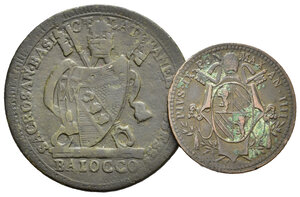 reverse: ROMA. Stato Pontificio. Lotto di 2 monete: Pio VII (1800-1823) Baiocco 1801; Pio IX 1/2 baiocco 1849. Cu. BB