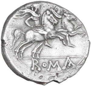reverse: Anonymous. AR Denarius, uncertain Lucanian mint (Venusia?), 208 BC. 