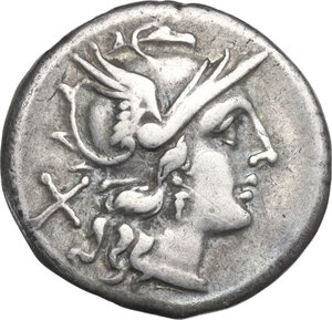 obverse: Rostrum tridens second series. AR Denarius, uncertain mint (Capua or Roma), 204 BC