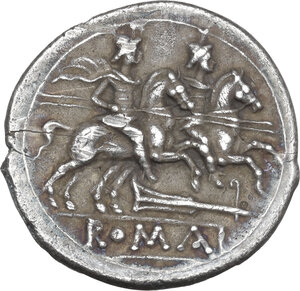 reverse: Rudder series. Denarius, uncertain mint (Capua or Roma), 205 BC.