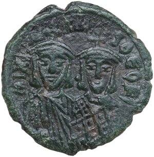 obverse: Michael II with Theophilus (821-829).. AE Follis. Constantinople mint. Struck 821-829