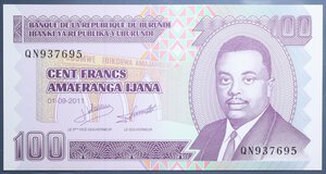 reverse: BURUNDI 100 FRANCS 2011 FDS