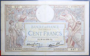 reverse: FRANCIA 100 FRANCS 20/10/1938 BB (FORI)