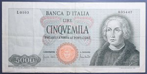 reverse: REPUBBLICA ITALIANA 5000 LIRE 20/1/1970 COLOMBO 1° TIPO BB (SCRITTE)