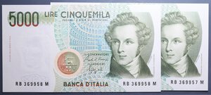 reverse: REPUBBLICA ITALIANA 5000 LIRE 1988 BELLINI CONSECUTIVI 2 PEZZI FDS