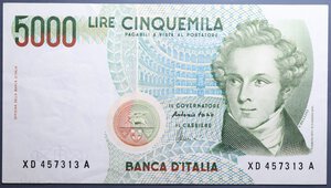 reverse: REPUBBLICA ITALIANA 5000 LIRE 1996 BELLINI SERIE SOSTITUTIVA XD-A NC qSPL