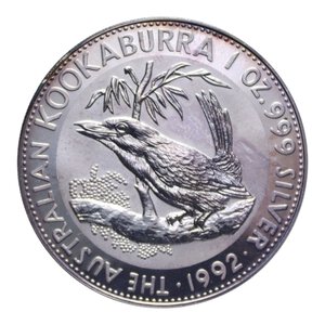 obverse: AUSTRALIA ELISABETTA II 1 DOLLAR 1992 KOOKABURRA AG. 31,92 GR. PROOF