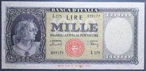 reverse: REPUBBLICA ITALIANA 1000 LIRE 11/2/1949 ITALIA ORNATA DI PERLE MEDUSA R BB (RESTAURATA)