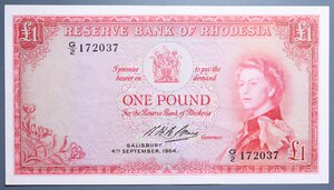 reverse: RHODESIA ELISABETTA II 1 POUND 4/9/1964 qSUP