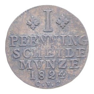 reverse: GERMANIA BRUNSWICK WOLFENBUTTEL 1 PFENNIG 1824 CVC VAR. UL R CU. 1,78 GR. BB+