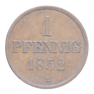 reverse: GERMANIA BRUNSWICK WOLFENBUTTEL 1 PFENNIG 1852 B CU. 2,53 GR. BB-SPL