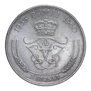 reverse: DANIMARCA FREDERIK IX 5 KRONER 1960 AG. 17 GR. SPL-FDC