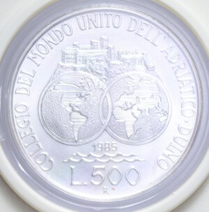 reverse: 500 LIRE 1985 MONDO UNITO ADRIATICO AG. 11 GR. IN CONFEZIONE FDC