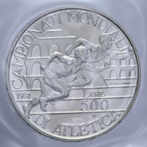 reverse: 500 LIRE 1987 MONDIALI ATLETICA AG. 11 GR. IN ASTUCCIO FDC