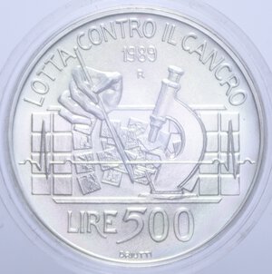 reverse: 500 LIRE 1989 LOTTA CONTRO IL CANCRO AG. 11 GR. IN COFANTTO FDC