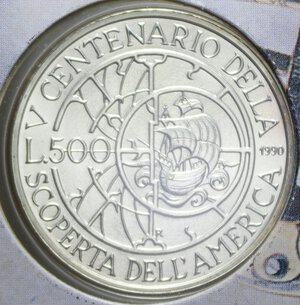 reverse: 500 LIRE 1990 SCOPERTA AMERICA AG. 11 GR. IN FOLDER FDC