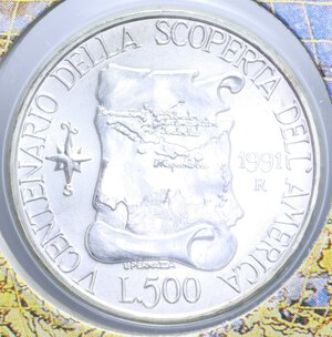 reverse: 500 LIRE 1991 SCOPERTA AMERICA AG. 11 GR. IN FOLDER FDC