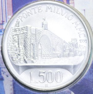 reverse: 500 LIRE 1991 PONTE MILVIO AG. 15 GR. IN FOLDER FDC