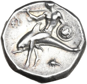 reverse: Southern Apulia, Tarentum. AR Nomos, c. 302-290 BC