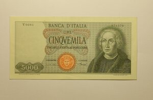 obverse: Repubblica Italiana. 5000 Lire Cristoforo Colombo I° tipo. Decreto Ministeriale 04/01/1968. Carta verdina.
