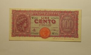 obverse: Luogotenenza. 100 Lire Italia Turrita 1944. Serie Sostitutiva W294. 