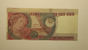 obverse: Repubblica Italiana. 100000 Lire Primavera di Botticelli. Decreto Ministeriale 1/07/1980. Banconota con errori di stampa. 