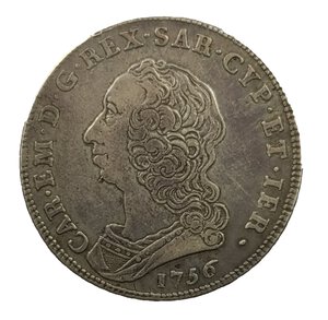 obverse: Scudo da 6 Lire 1756. Carlo Emanuele III (1730 - 1773). AG. RARO.