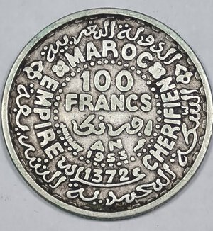 obverse: MAROCCO 100 FRANCHI 1953 AG BB