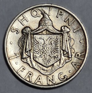 reverse: ALBANIA 1 FRANG AR 1937 MB+/QBB AG 