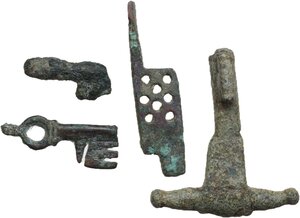 reverse: ROMAN KEYS AND PADLOCK  Roman period, c. 1st-3rd century AD.  Lot of four Roman bronze objects, comprising three keys and a padlock. Given their small size, these objects are all to be referred to locks on chests or furniture.  Dimensions: 40 to 21 mm